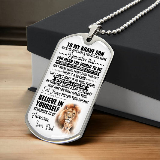 Dad To Son | Brave Lion | Dog Tag Necklace