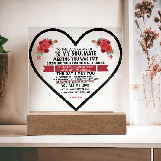 To My Soulmate | Black Heart | Rose Love Acrylic Plaque