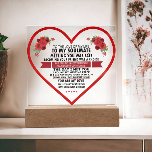 To My Soulmate | Red Heart | Rose Love Acrylic Plaque
