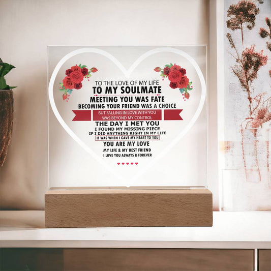 To My Soulmate | White Heart | Rose Love Acrylic Plaque